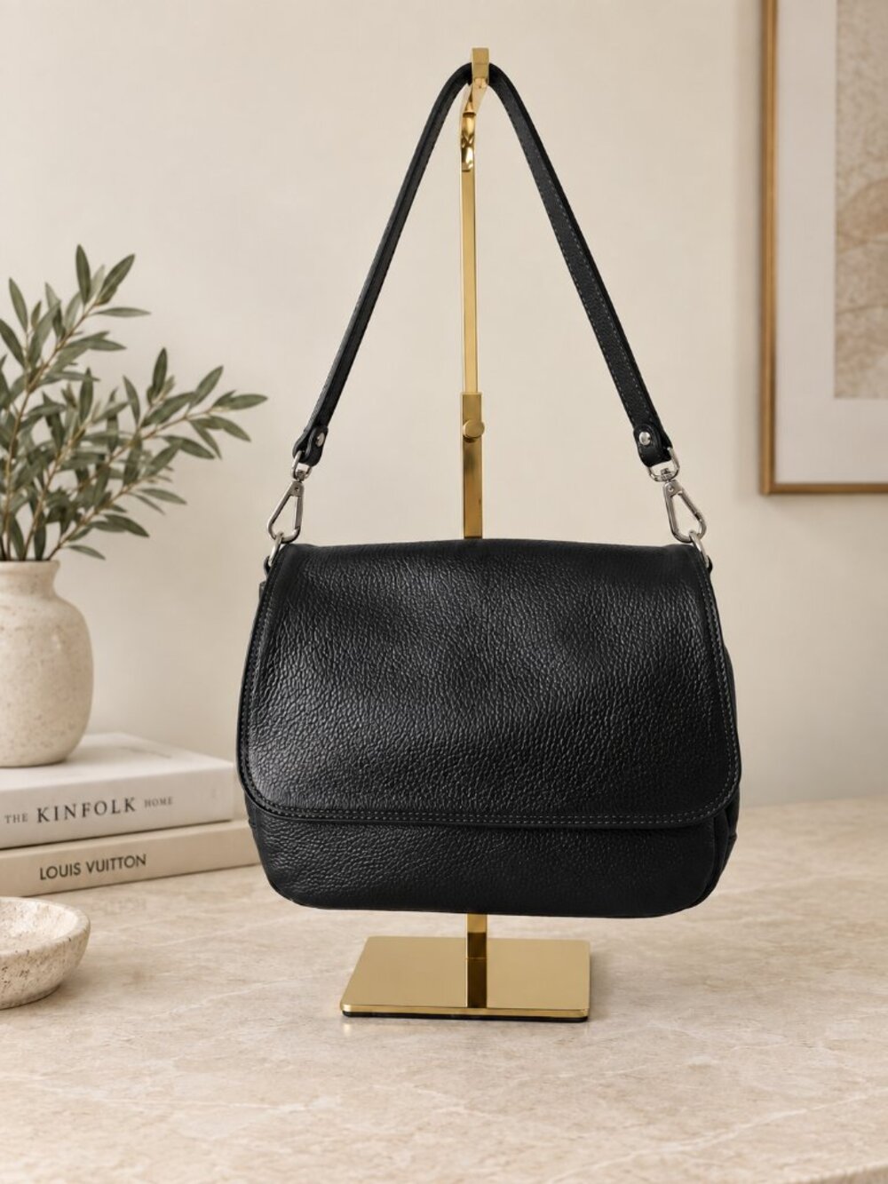 Black Italian Leather Crossbody Bag, Grained Leather Shoulder Bag, Made in Italy